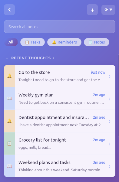 Thoughts list organized view